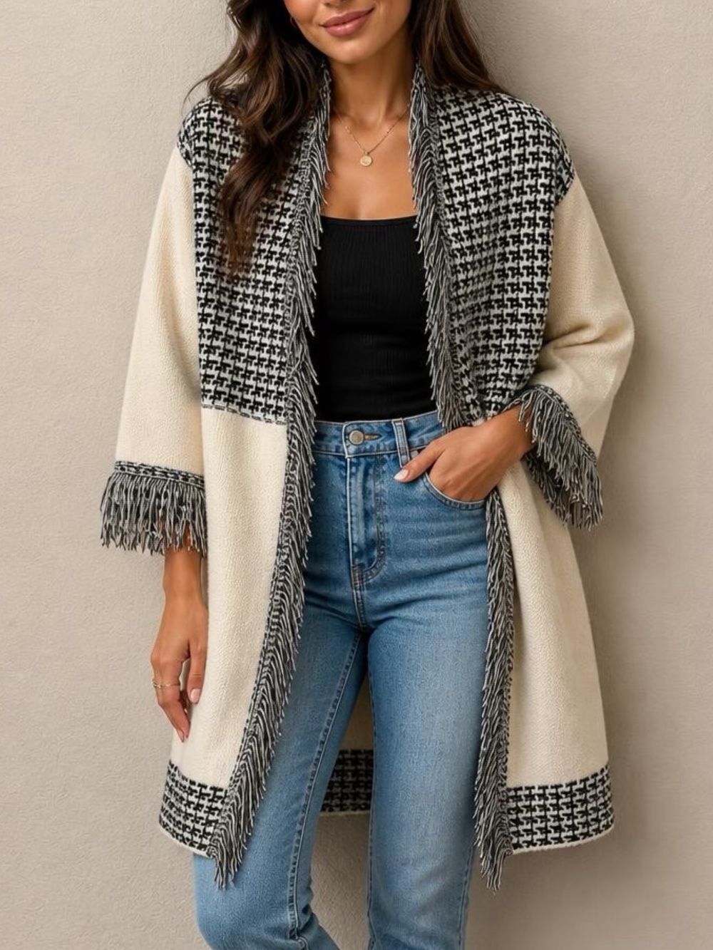 Farmers Market Fringed Houndstooth Panel Open Front Sweater Cardigan Cream/Black